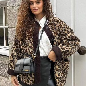 Casual Leopard Jewel Pockets Buttons Long Sleeve Party Jackets