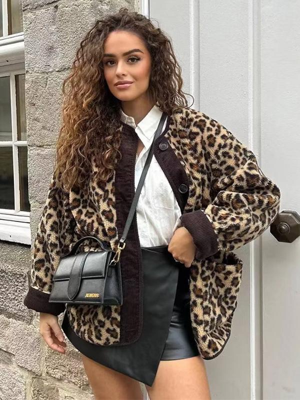Casual Leopard Jewel Pockets Buttons Long Sleeve Party Jackets