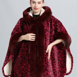 Casual Faux Fur Leopard Print Hooded Outerwear Poncho Cape