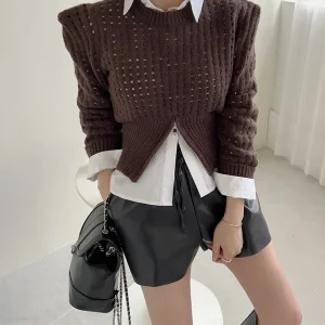 Casual Long Sleeve Crochet Knit Hollow Out Crop Top Shrug Sweater