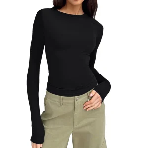 Casual Long Sleeve Round Neck Tight Slim Fitting Cropped T Shirt