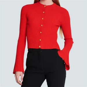 Casual Metal Button Elastic knitted slim flared long sleeved Knitwear Sweaters