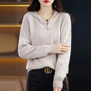 Casual Mink Cashmere Hooded Cardigans with Zip Warm Solid Pullover Outerwear Sweater