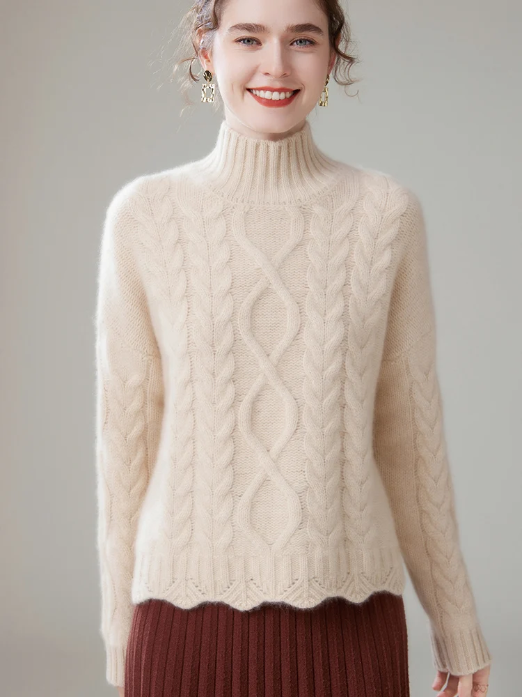 Casual Oversize Pullover Knitwear High Quality Twist Mock-neck Cashmere Sweater - Image 6