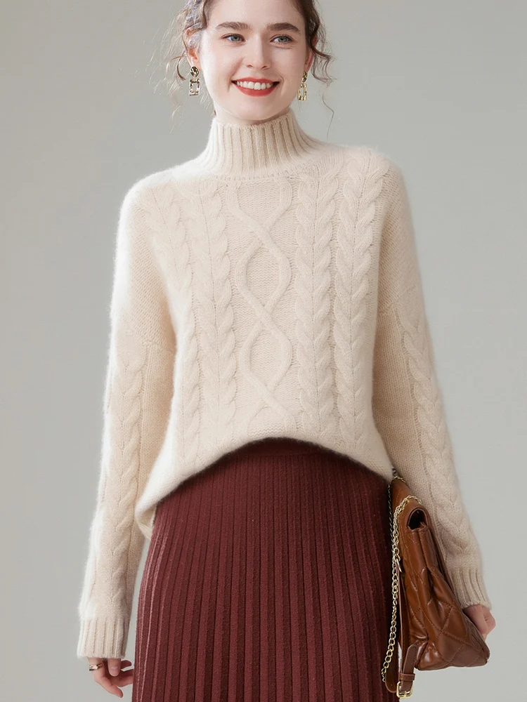Casual Oversize Pullover Knitwear High Quality Twist Mock-neck Cashmere Sweater - Image 5