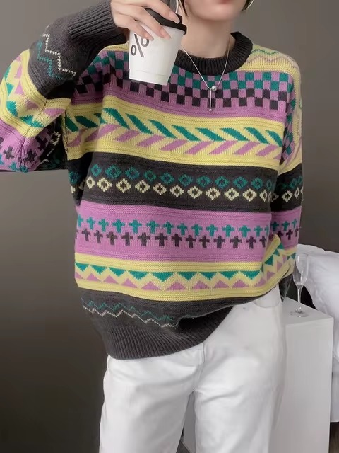 Casual Patchwork Full Sleeve Wool Round Neck Pullover Loose Thicken Knit Cashmere Sweater - Image 5