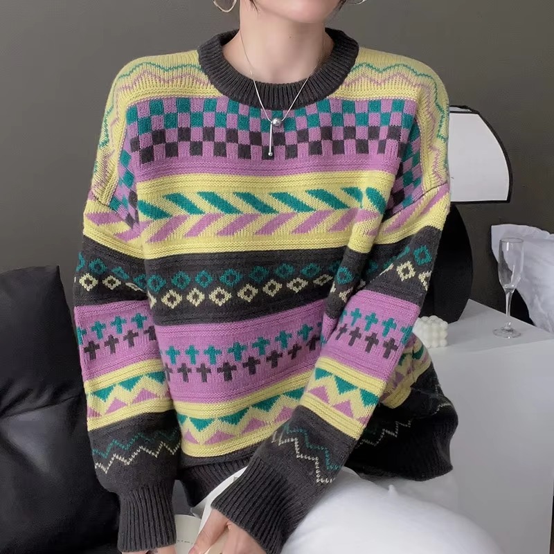 Casual Patchwork Full Sleeve Wool Round Neck Pullover Loose Thicken Knit Cashmere Sweater - Image 6