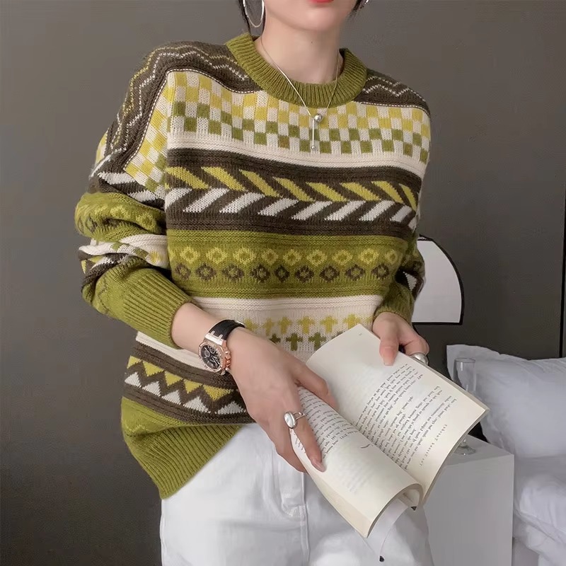 Casual Patchwork Full Sleeve Wool Round Neck Pullover Loose Thicken Knit Cashmere Sweater - Image 4