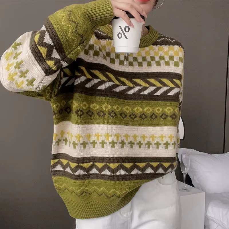 Casual Patchwork Full Sleeve Wool Round Neck Pullover Loose Thicken Knit Cashmere Sweater - Image 3