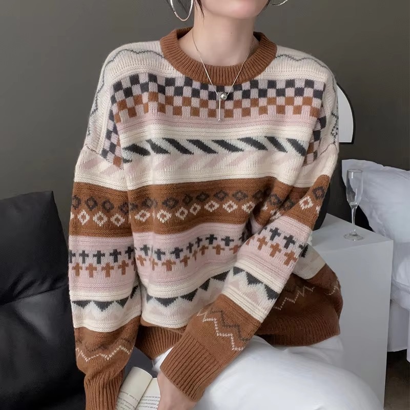 Casual Patchwork Full Sleeve Wool Round Neck Pullover Loose Thicken Knit Cashmere Sweater - Image 2