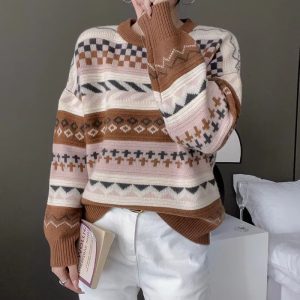 Casual Patchwork Full Sleeve Wool Round Neck Pullover Loose Thicken Knit Cashmere Sweater