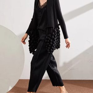 Casual Pleated Bead Open Full Sleeve High Waist Stitch Solid Color Trendy Sweater