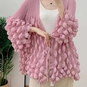 Casual Pleated V Neck Lace-up Full Flare Sleeve Solid Color Outwear Chic Style Jackets