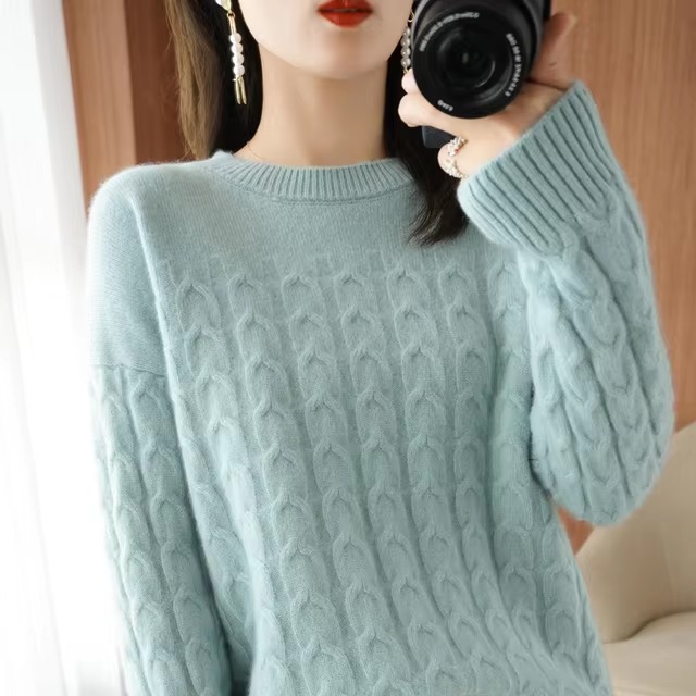 Casual Pure Wool O-Neck Pullover Twist Knitted Long-Sleeved Cashmere Sweater