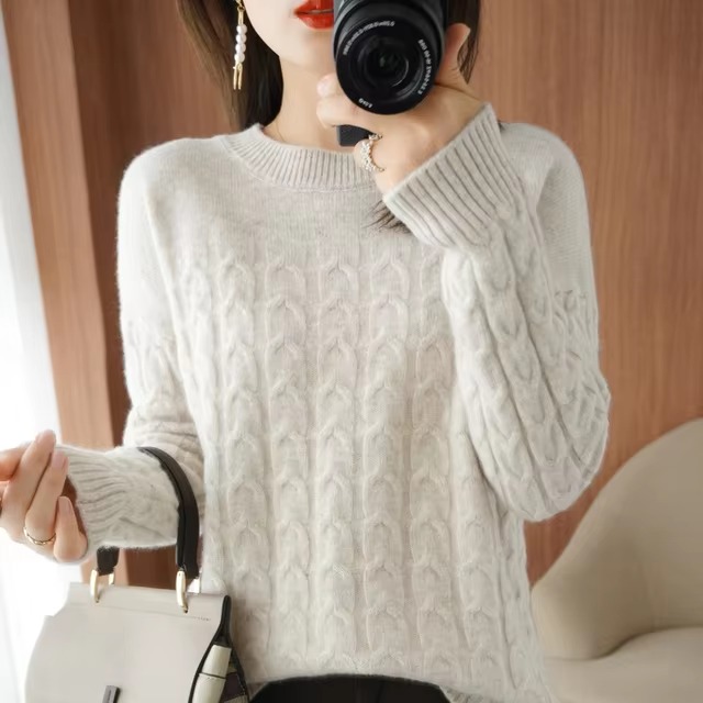 Casual Pure Wool O-Neck Pullover Twist Knitted Long-Sleeved Cashmere Sweater - Image 7