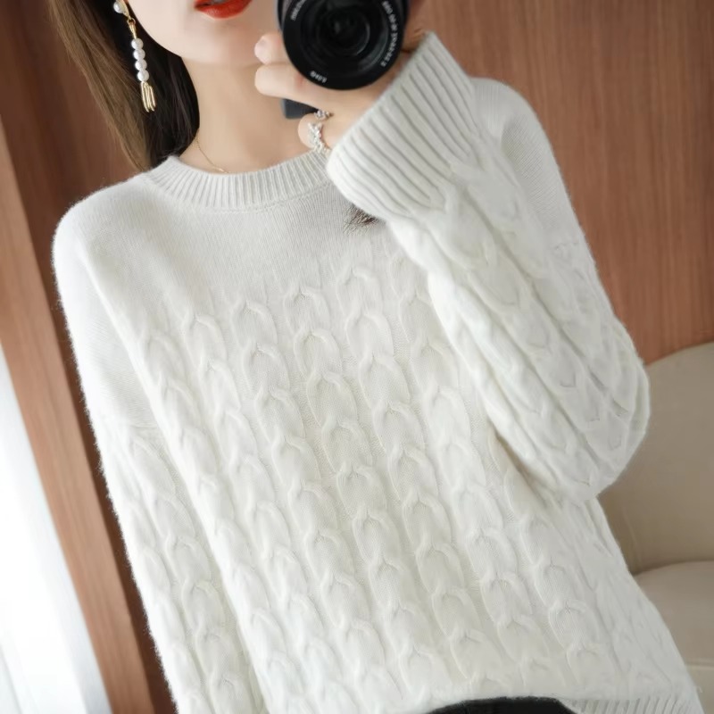 Casual Pure Wool O-Neck Pullover Twist Knitted Long-Sleeved Cashmere Sweater - Image 6