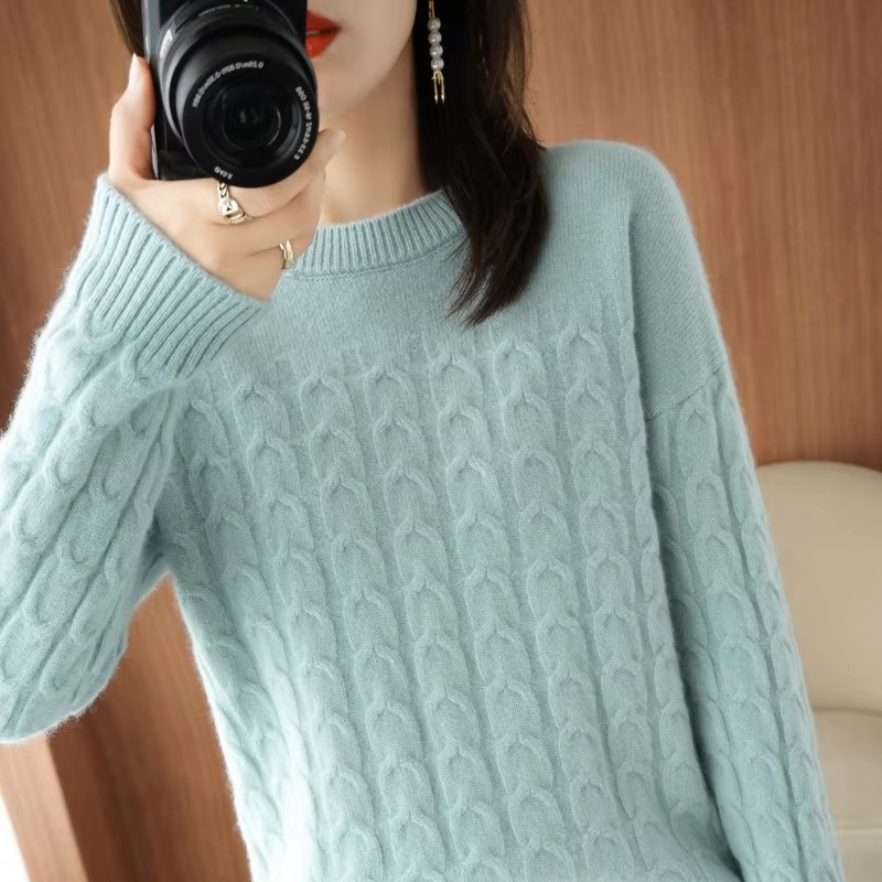 Casual Pure Wool O-Neck Pullover Twist Knitted Long-Sleeved Cashmere Sweater - Image 2