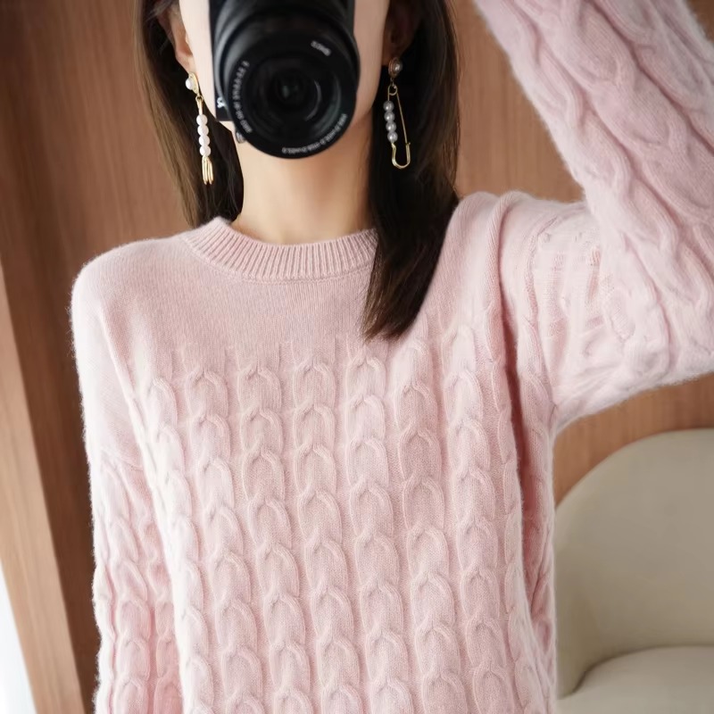 Casual Pure Wool O-Neck Pullover Twist Knitted Long-Sleeved Cashmere Sweater - Image 5