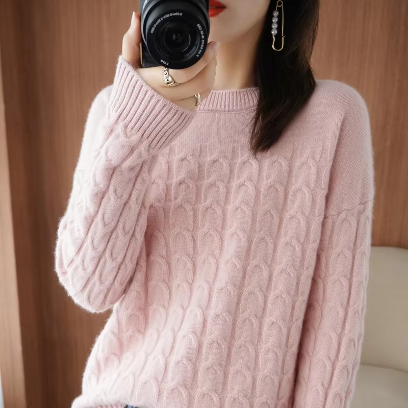 Casual Pure Wool O-Neck Pullover Twist Knitted Long-Sleeved Cashmere Sweater - Image 4