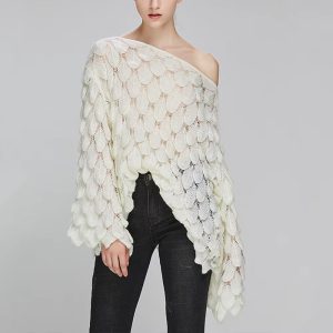 Casual Round Collar Full Flare Sleeve Solid Color Pullover Hollow Chic Style Sweater