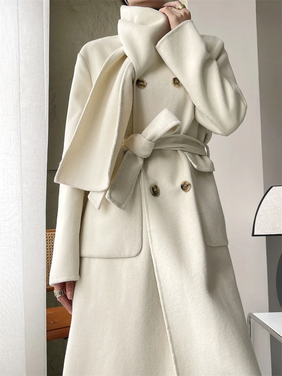 Casual Scarf Collar Design Double Breasted Full Sleeve Two Sided Wool Long Coat - Image 6