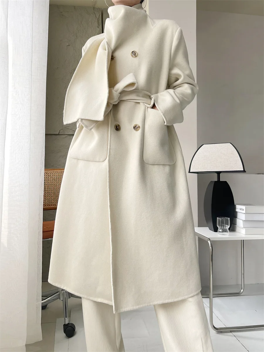 Casual Scarf Collar Design Double Breasted Full Sleeve Two Sided Wool Long Coat - Image 5