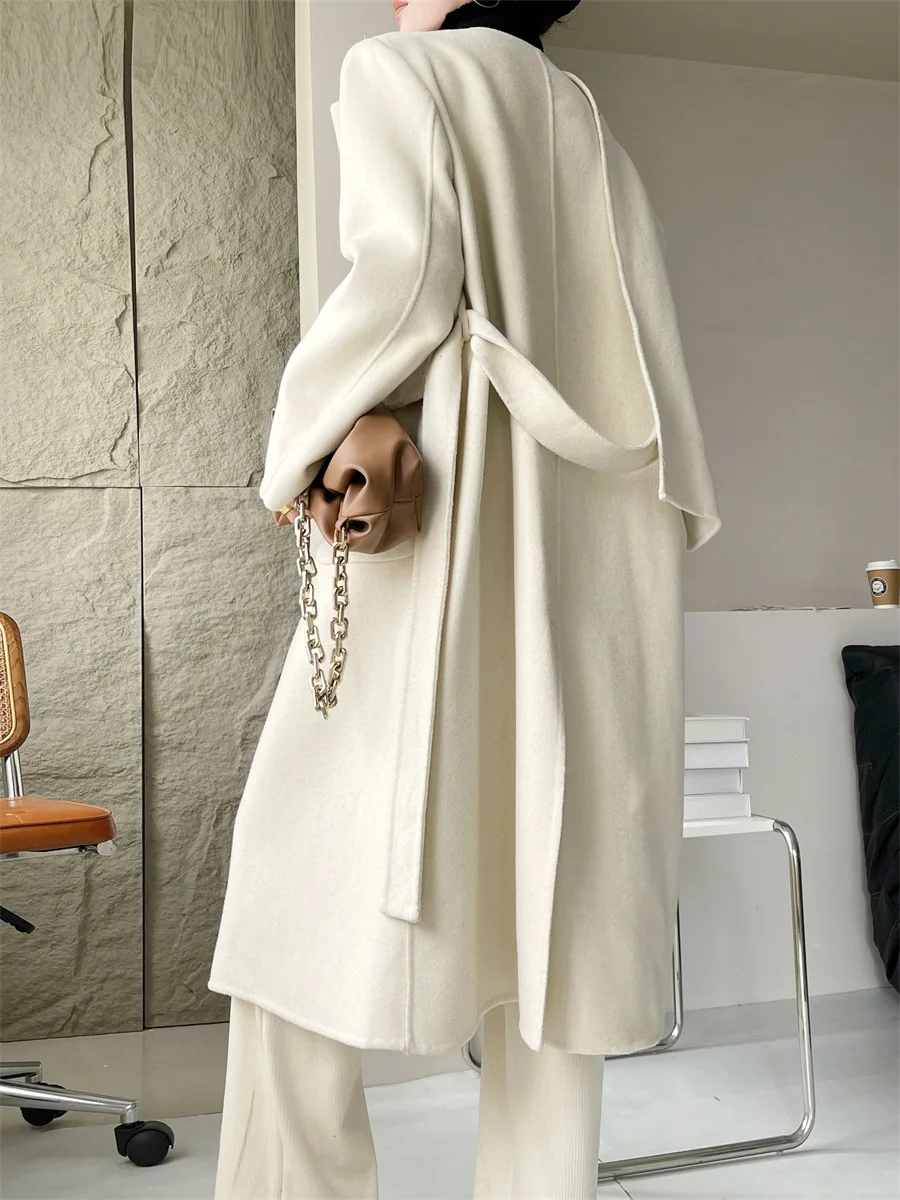 Casual Scarf Collar Design Double Breasted Full Sleeve Two Sided Wool Long Coat - Image 7