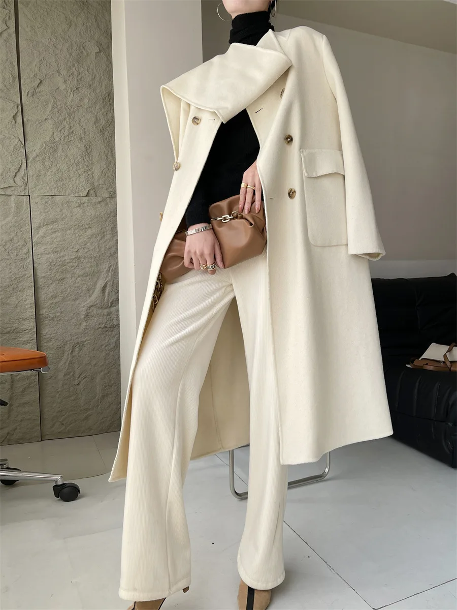 Casual Scarf Collar Design Double Breasted Full Sleeve Two Sided Wool Long Coat - Image 2