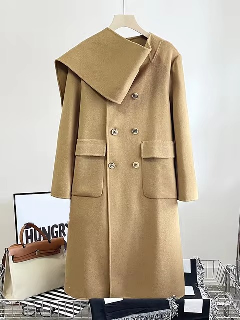 Casual Scarf Collar Design Double Breasted Full Sleeve Two Sided Wool Long Coat - Image 9