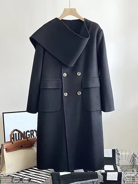 Casual Scarf Collar Design Double Breasted Full Sleeve Two Sided Wool Long Coat - Image 8