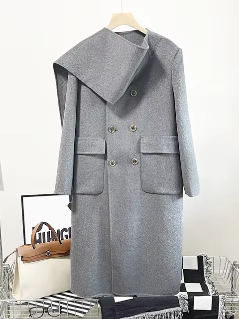 Casual Scarf Collar Design Double Breasted Full Sleeve Two Sided Wool Long Coat - Image 10