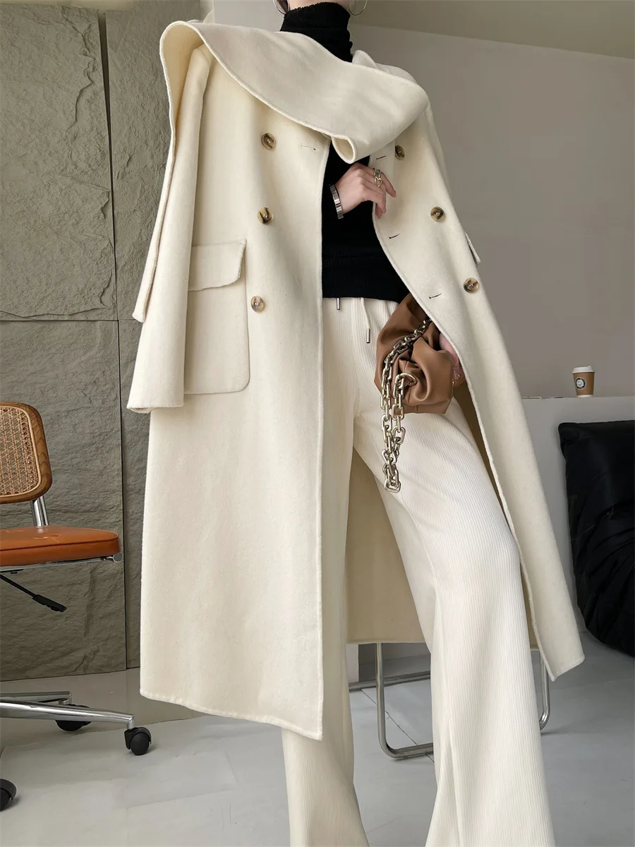 Casual Scarf Collar Design Double Breasted Full Sleeve Two Sided Wool Long Coat - Image 3