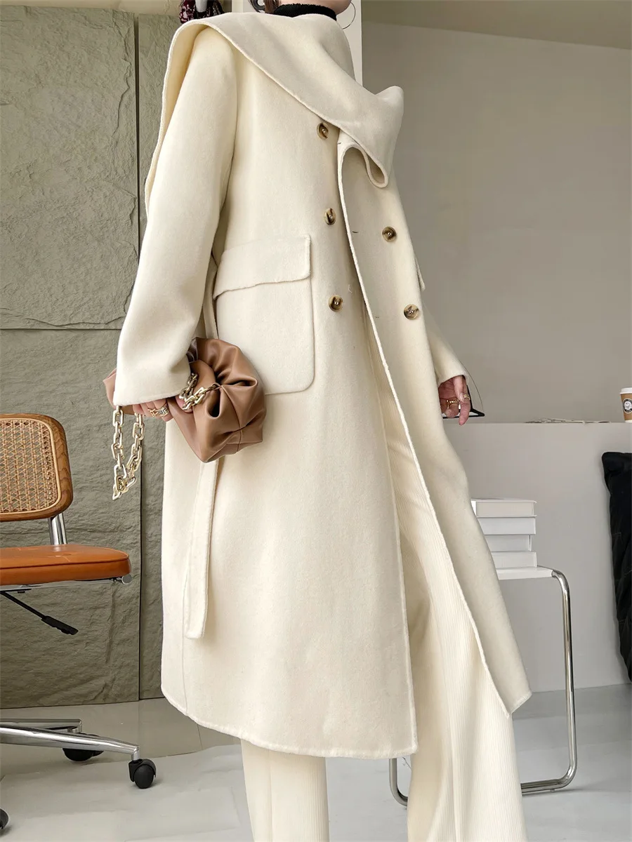 Casual Scarf Collar Design Double Breasted Full Sleeve Two Sided Wool Long Coat - Image 4