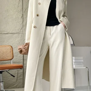 Casual Scarf Collar Design Double Breasted Full Sleeve Two Sided Wool Long Coat