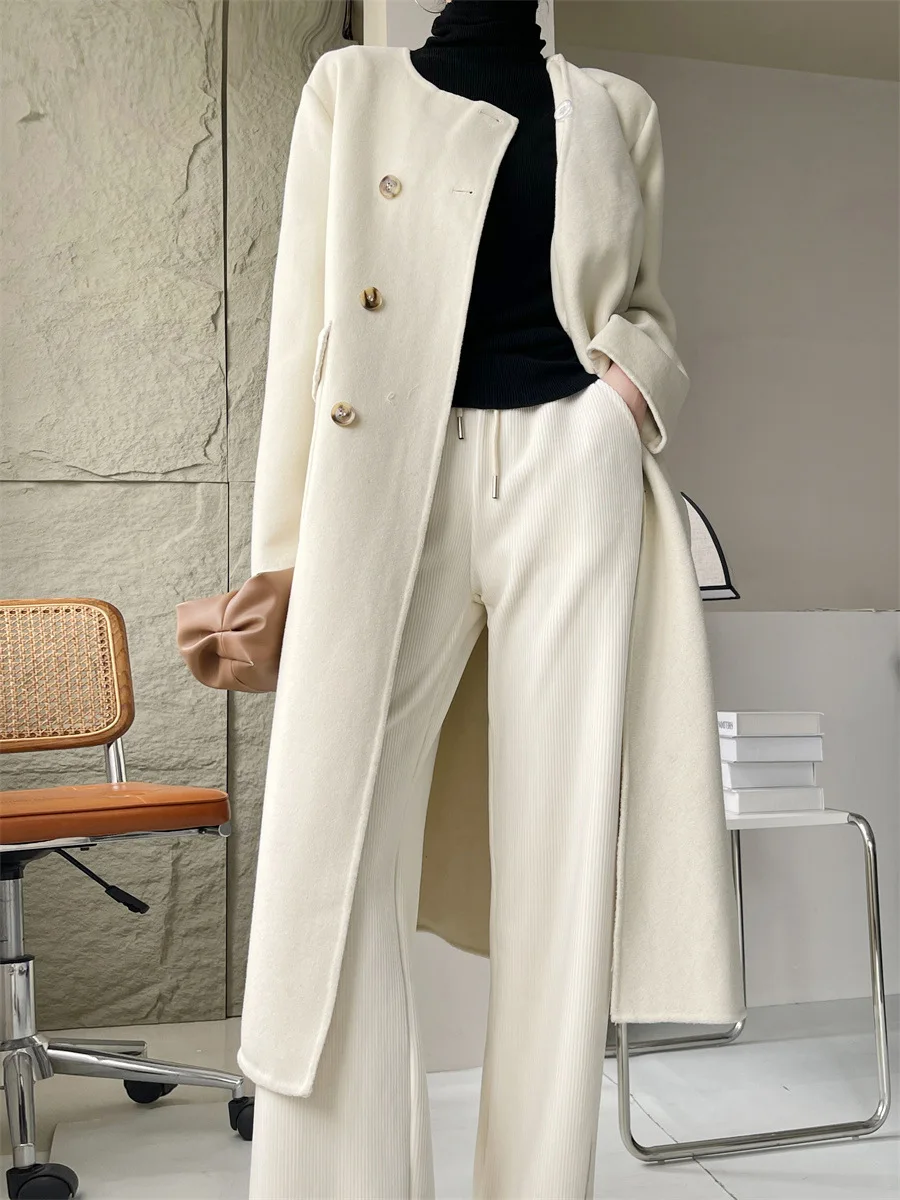 Casual Scarf Collar Design Double Breasted Full Sleeve Two Sided Wool Long Coat