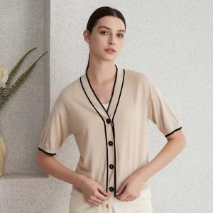 Casual Single Breasted short Sleeve Button Silk Wool Knitted Sweater