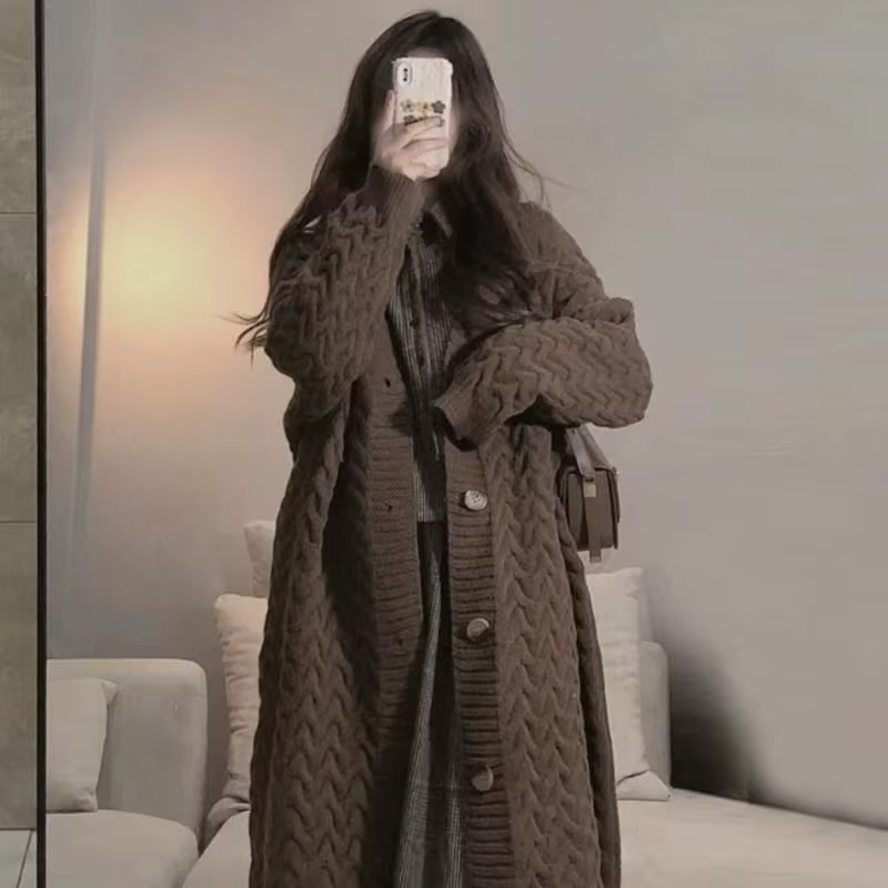 Casual Solid Single Breasted Thickened Cashmere Long Cardigan Over Knee Sweater