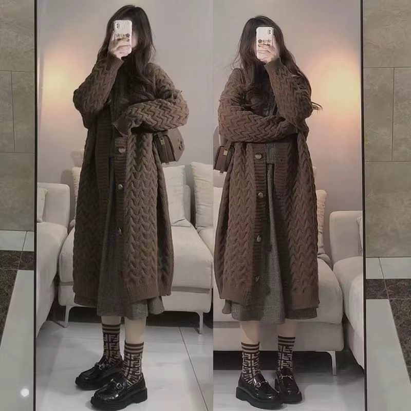 Casual Solid Single Breasted Thickened Cashmere Long Cardigan Over Knee Sweater - Image 9