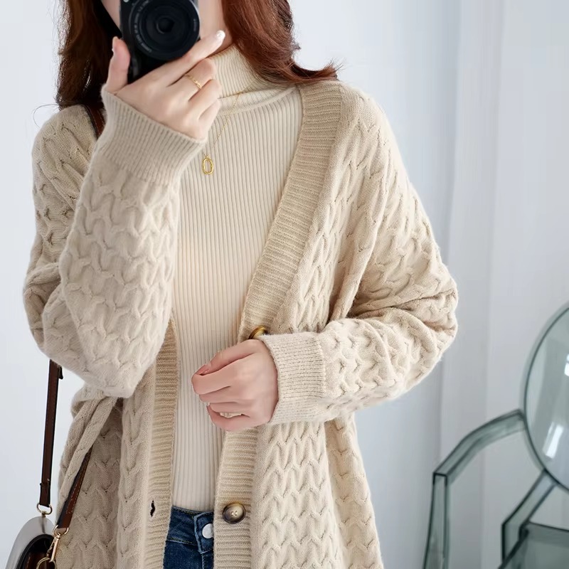 Casual Solid Single Breasted Thickened Cashmere Long Cardigan Over Knee Sweater - Image 3