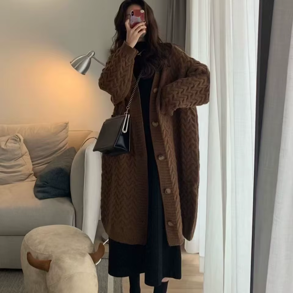 Casual Solid Single Breasted Thickened Cashmere Long Cardigan Over Knee Sweater - Image 7