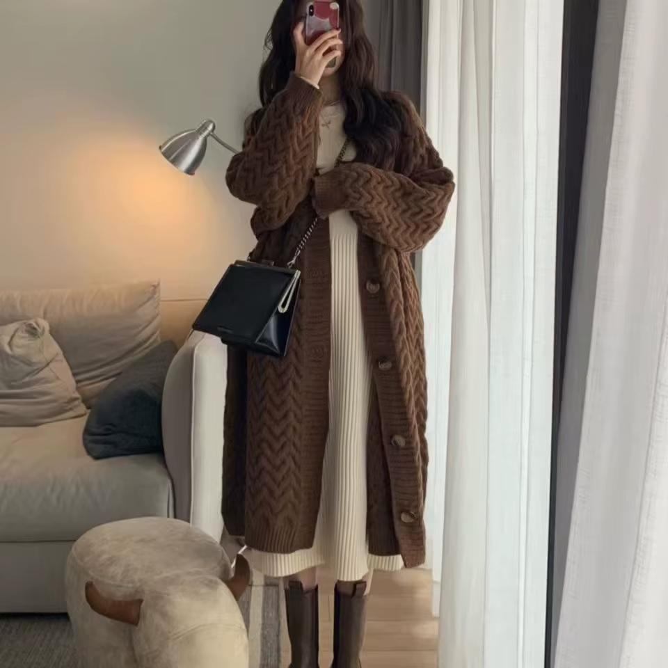 Casual Solid Single Breasted Thickened Cashmere Long Cardigan Over Knee Sweater - Image 6