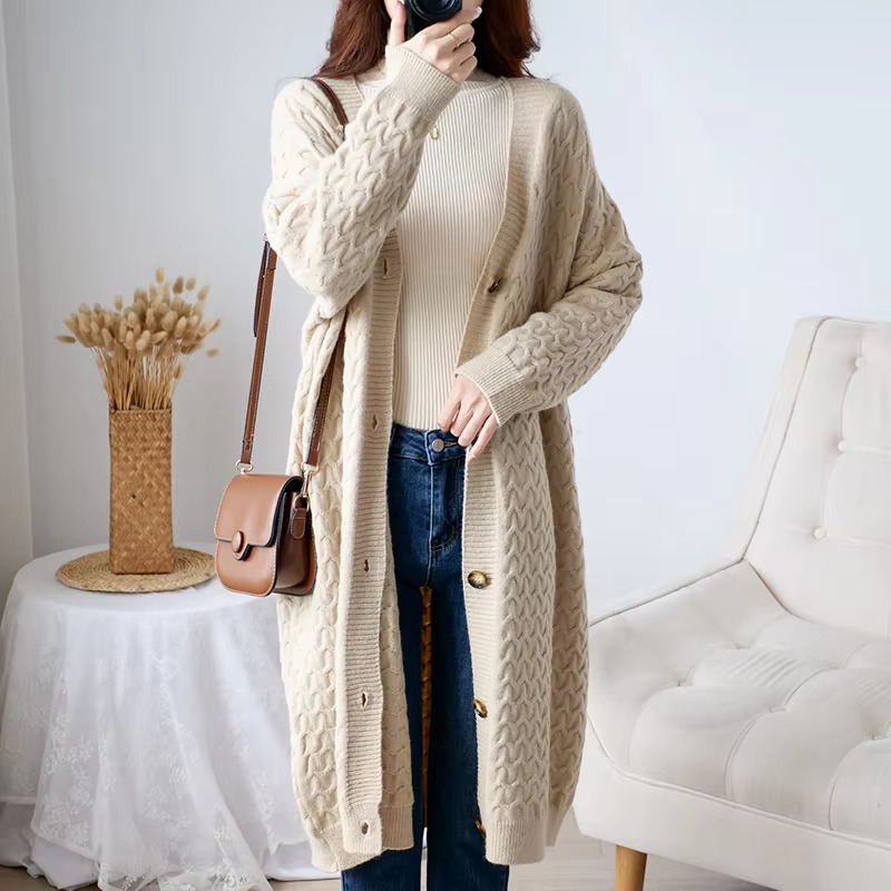 Casual Solid Single Breasted Thickened Cashmere Long Cardigan Over Knee Sweater - Image 2