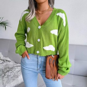 Casual V Neck Long Sleeve Single Breasted Printed Knitted Cardigan Sweater
