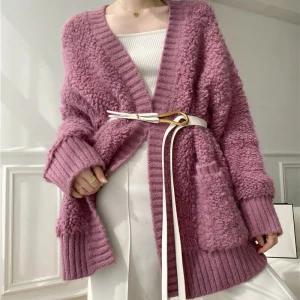 Casual V Neck Long Sleeves Solid Color Soft Loose Knit Cardigan Thick Wool Sweater