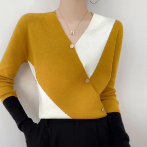Casual V-neck Long Sleeve Loose Pullovers High Stretch Cashmere Sweater