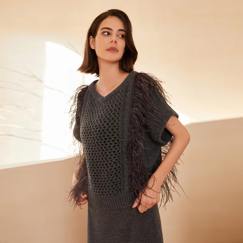 Casual hollow out Geometric V Neck Pullover Knitted Vest Cashmere Sweater - Image 3