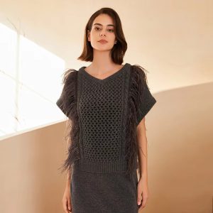 Casual hollow out Geometric V Neck Pullover Knitted Vest Cashmere Sweater