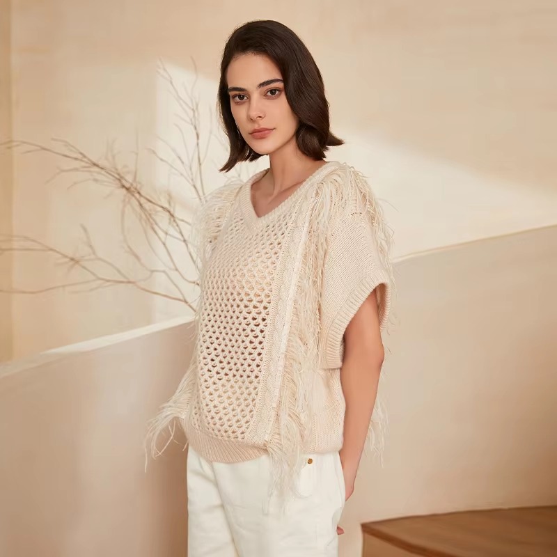 Casual hollow out Geometric V Neck Pullover Knitted Vest Cashmere Sweater - Image 5