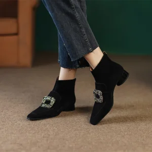 Casual suede leather crystal buckle square toe back zip flats booties shoes