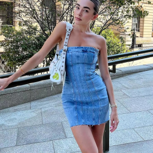 Causal Solid Strapless Sheath Party Street Style Jeans Tube Backless Bodycon Mini Dress